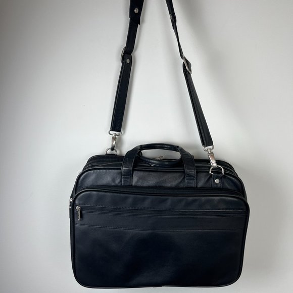 Samsonite Black Leather Laptop Portfolio Messenger Expanadble Bag - Picture 9 of 10